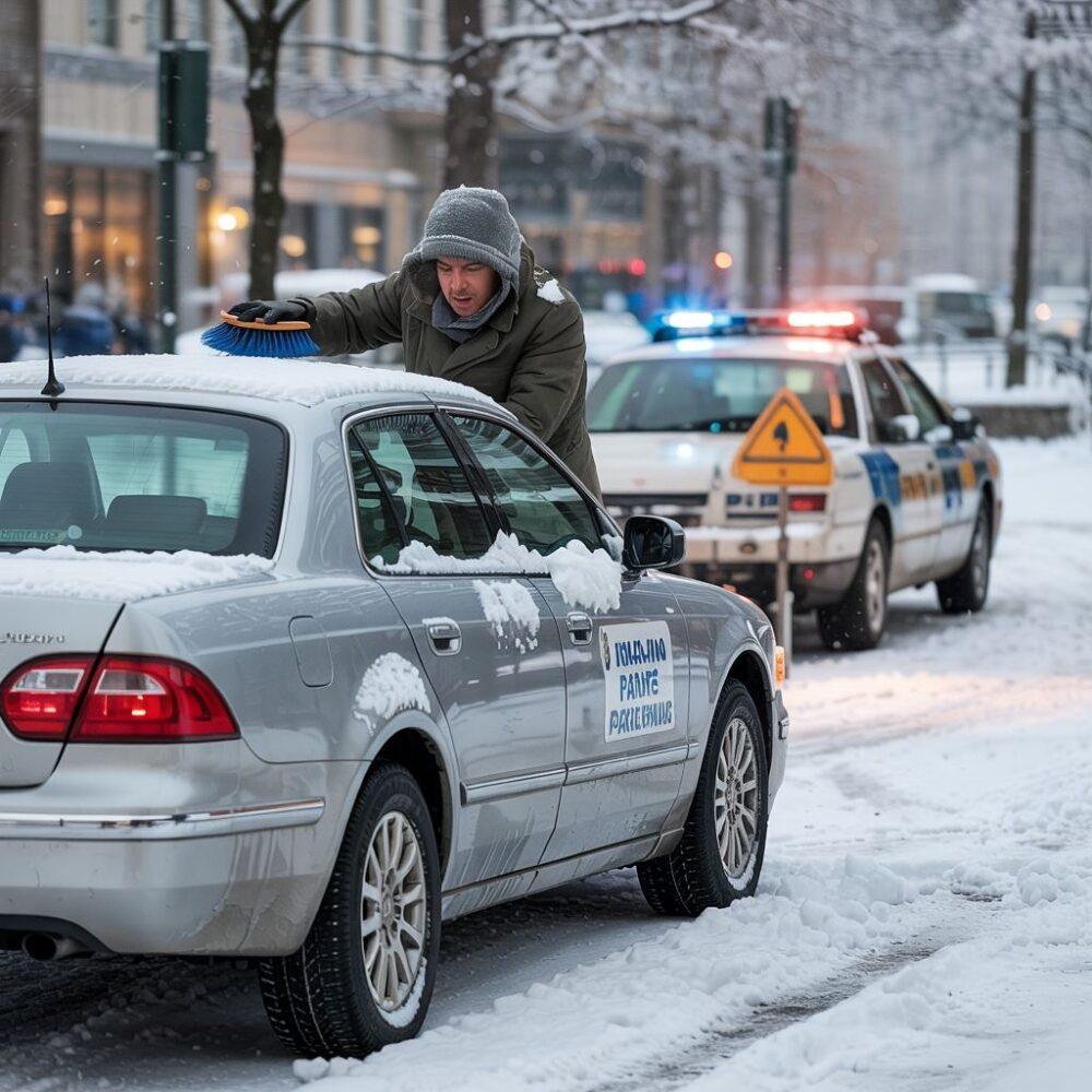 policjant zimą samochód