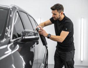 Detailer pracujący nad renowacją lakieru auta