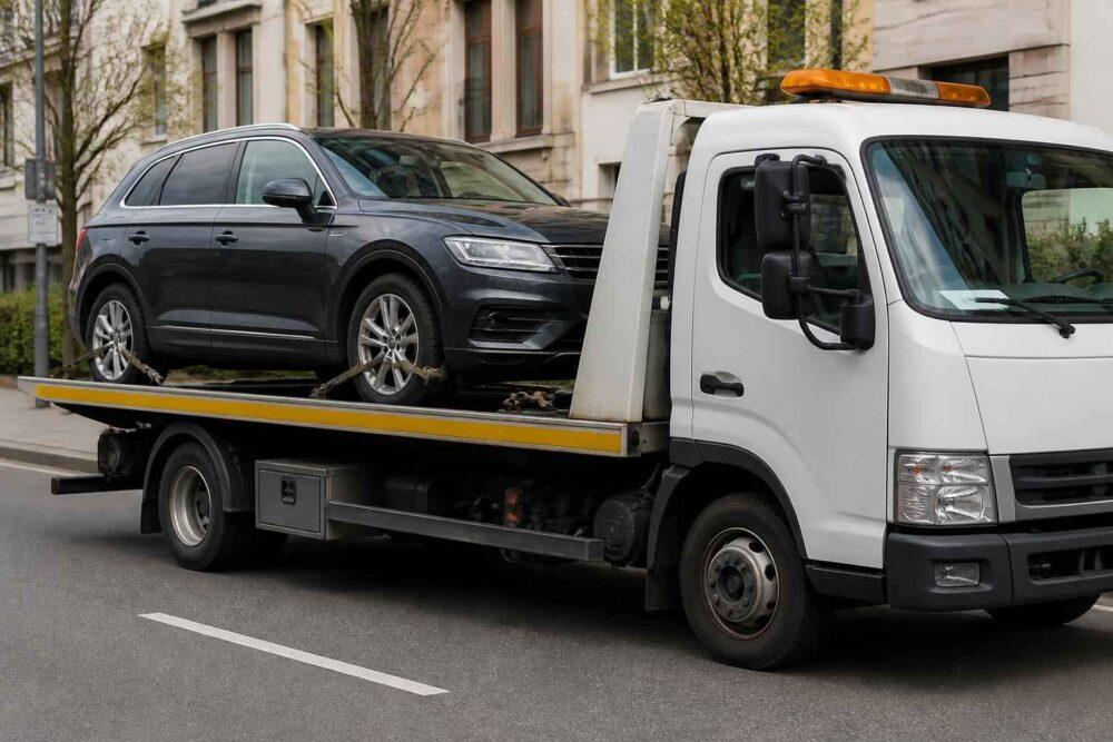 Biała laweta przewożąca czarnego SUV-a na miejskiej ulicy