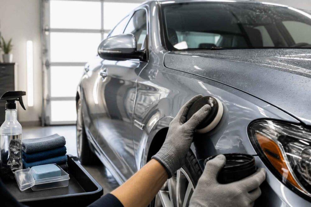 Detailer poleruje srebrny samochód za pomocą maszyny polerskiej w studiu auto detailingu