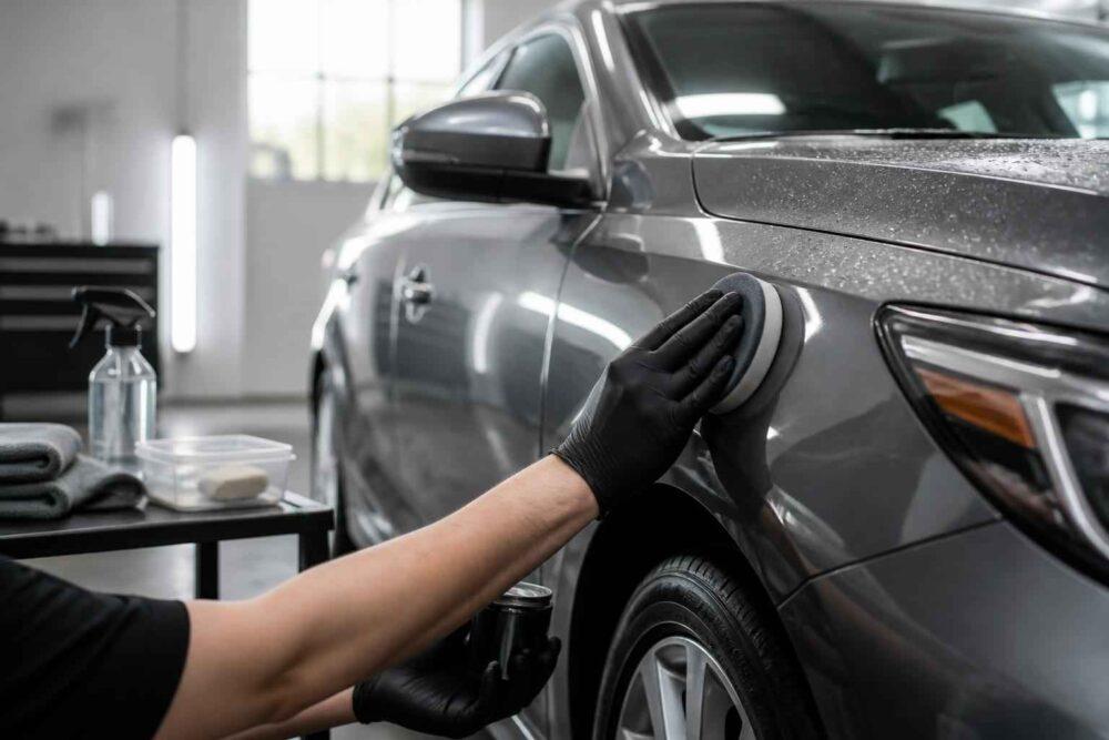 Woskowanie przedniego błotnika samochodu Detailer nakłada wosk na przedni błotnik ciemnego samochodu w studiu auto detailingu